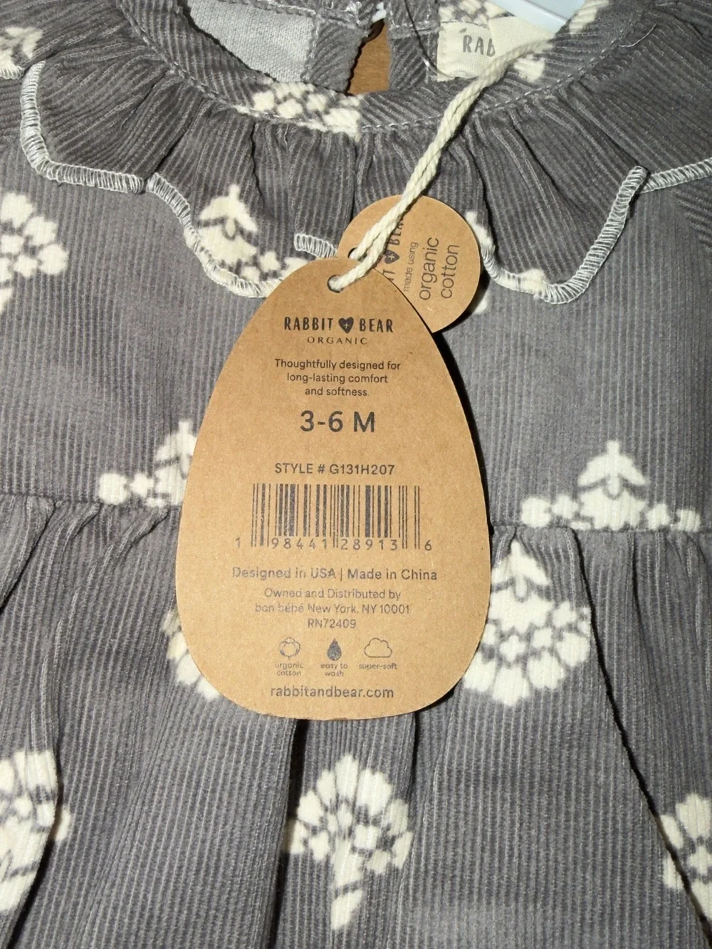 Rabbit & Bear Organic Gray Floral Long-Sleeve Baby One-Piece